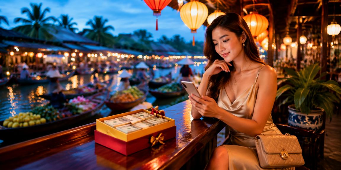 Người dùng trải nghiệm casino trực tuyến trên điện thoại tại Hội An về đêm